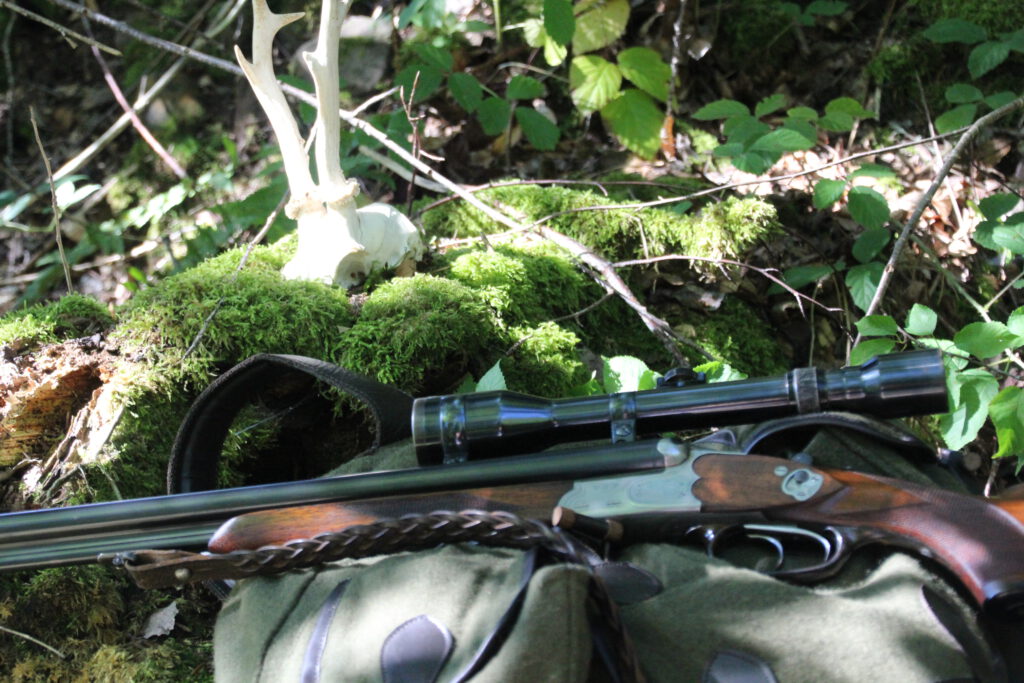Jagdkultur – eine Waffe, ein Jagdrucksack und ein Geweih, liegen im Wald